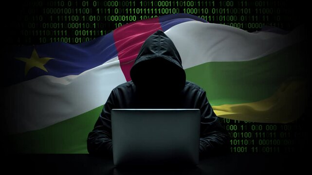 Central African Republic flag - 3D realistic waving flag on matrix digital background with binary code