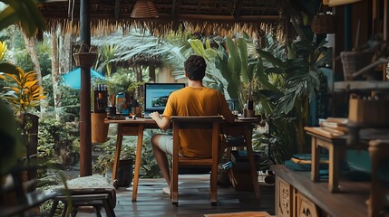 Man working remotely on laptop in tropical garden setting.