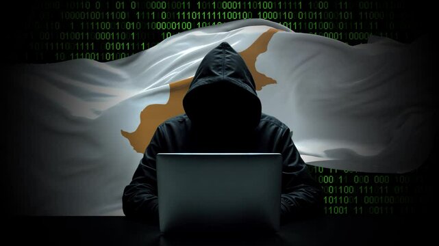 Cyprus flag - 3D realistic waving flag on matrix digital background with binary code