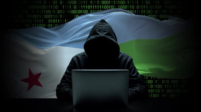 Djibouti flag - 3D realistic waving flag on matrix digital background with binary code