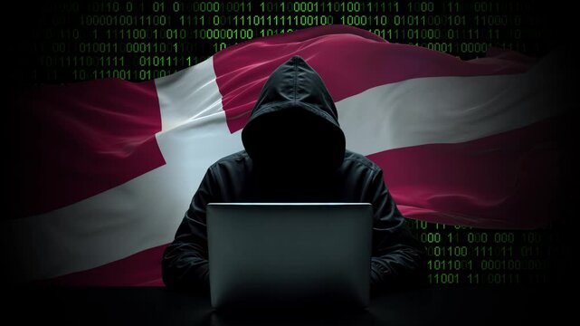 Denmark flag - 3D realistic waving flag on matrix digital background with binary code