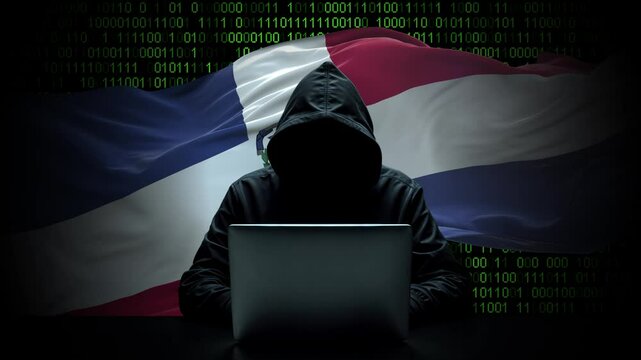 Dominican Republic flag - 3D realistic waving flag on matrix digital background with binary code