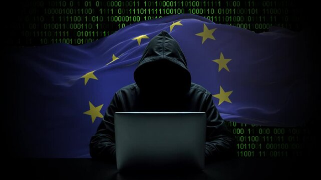 Europe flag - 3D realistic waving flag on matrix digital background with binary code