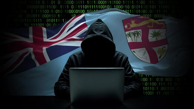 Fiji flag - 3D realistic waving flag on matrix digital background with binary code