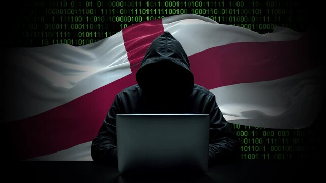 England flag - 3D realistic waving flag on matrix digital background with binary code