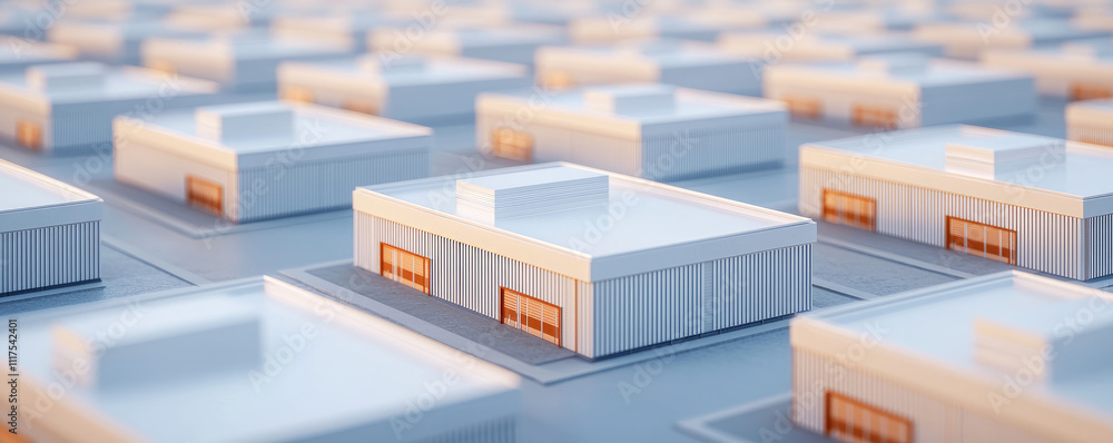 Poster aerial view of modern warehouses showcasing rows of uniform structures.