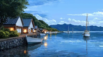 Fototapeta premium Traditional Japanese Landscape with Boats and Serene Water Reflection