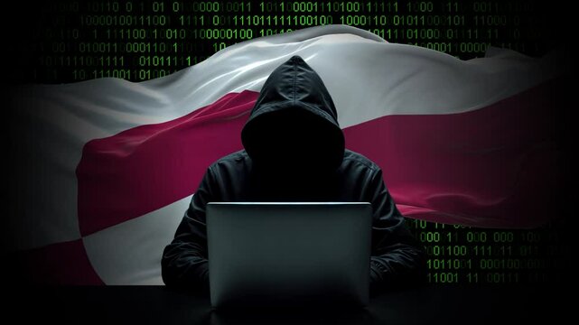 Greenland flag - 3D realistic waving flag on matrix digital background with binary code