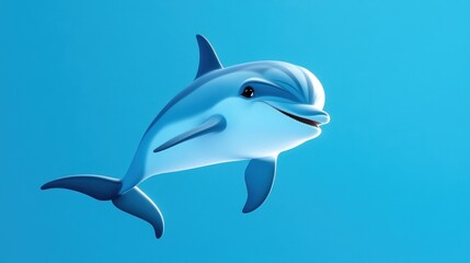 A happy cartoon dolphin swims in blue water