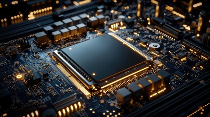 Fototapeta premium Integration technology hardware IoT concept. Close-up of a modern microchip on a circuit board, illuminated by soft lighting.