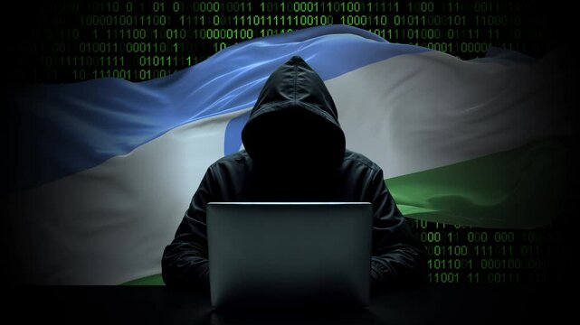 Kabardino Balkaria flag - 3D realistic waving flag on matrix digital background with binary code