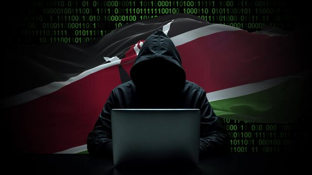 Kenya flag - 3D realistic waving flag on matrix digital background with binary code