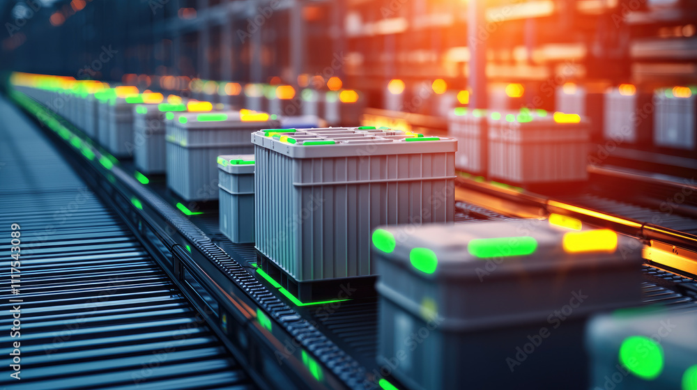 Poster Automated conveyor line transporting boxes in a modern warehouse setting.