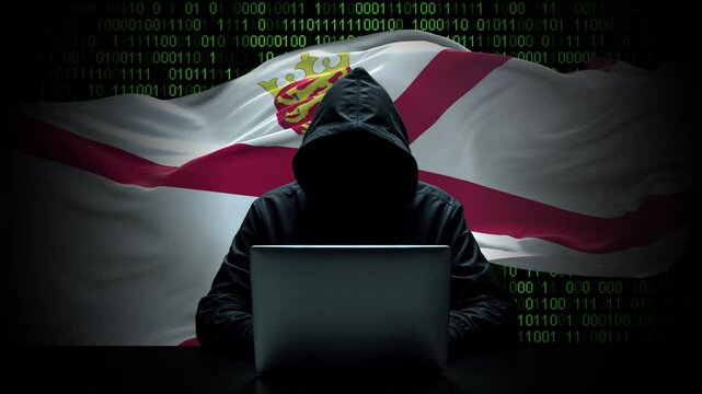 Jersey flag - 3D realistic waving flag on matrix digital background with binary code