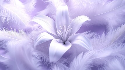 A white lily rests gently among soft white feathers