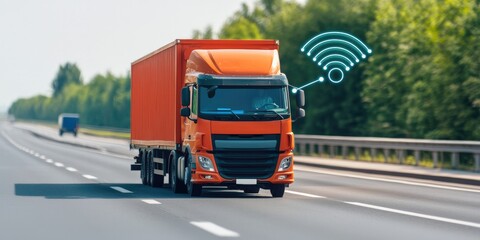 Integration technology hardware IoT concept. A bright orange truck travels on a highway, symbolizing logistics and connectivity with a wireless signal graphic.