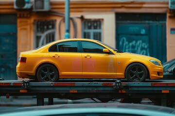 The flatbed truck with a brand-new yellow automobile, Generative AI.