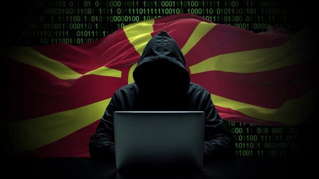Macedonia flag - 3D realistic waving flag on matrix digital background with binary code