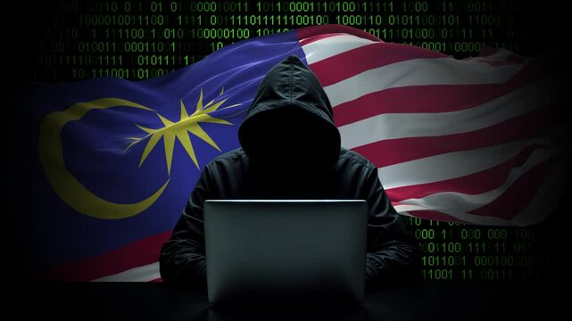 Malaysia flag - 3D realistic waving flag on matrix digital background with binary code