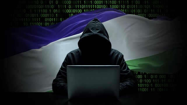Lesotho flag - 3D realistic waving flag on matrix digital background with binary code