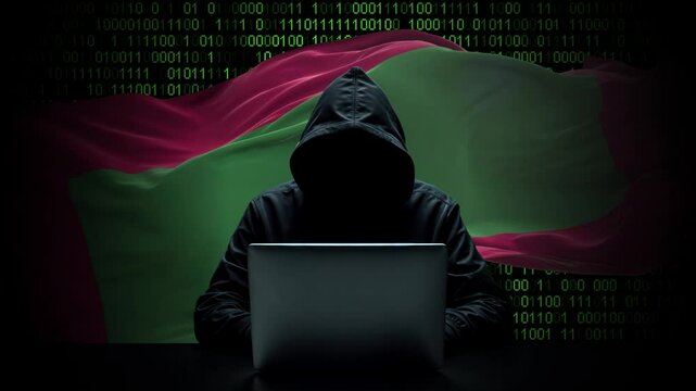 Maldives flag - 3D realistic waving flag on matrix digital background with binary code