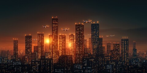 Fototapeta premium Integration technology hardware IoT concept. City skyline at sunset with illuminated skyscrapers and a glowing atmosphere.