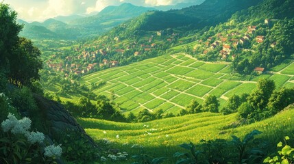 Hillside Village nestled amongst verdant terraced fields and mountains