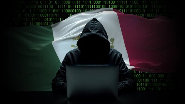 Mexico flag - 3D realistic waving flag on matrix digital background with binary code