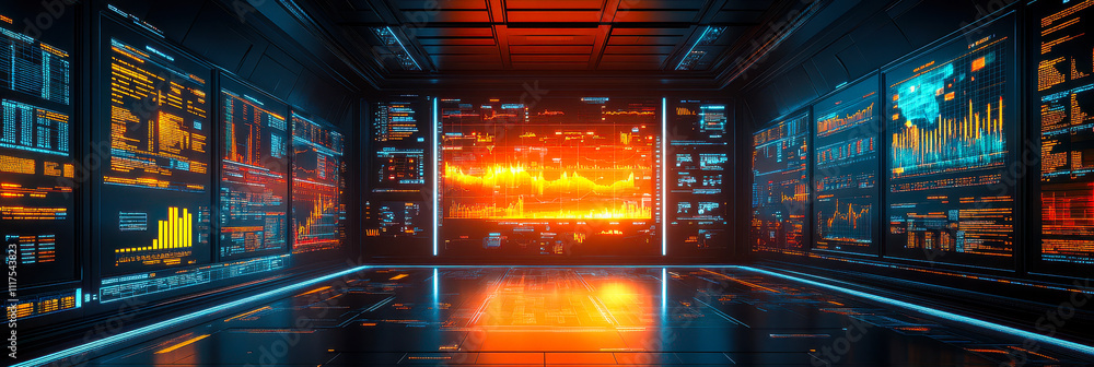 Poster immersive virtual reality financial environment with 3d charts and investment data interaction