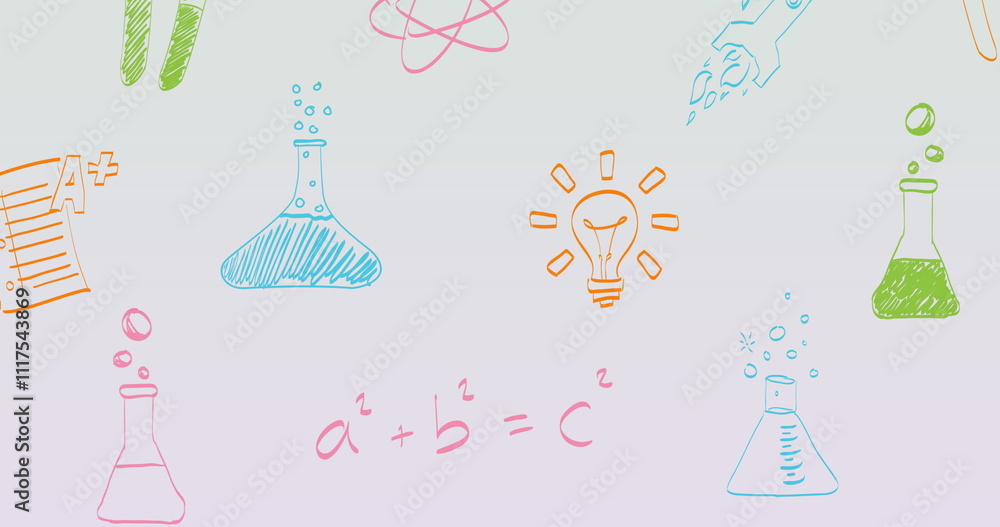 Poster image of colourful science and learning icons on white background