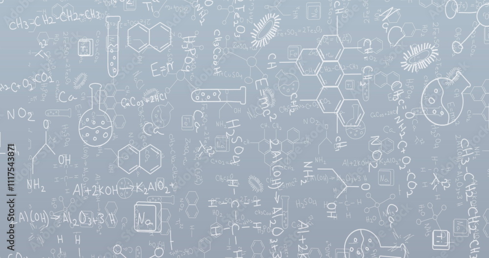 Poster image of science icons and mathematical equations over grey background