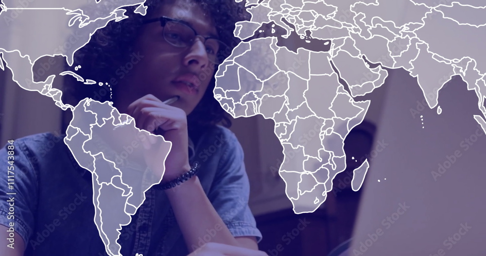Poster image of world map and data processing over caucasian businessman using laptop in office