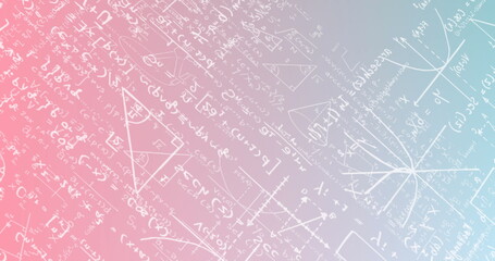 Image of layers of mathematical equations over pink and blue background