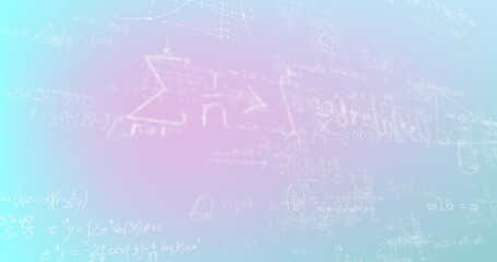 Image of mathematical equations over pink and blue background