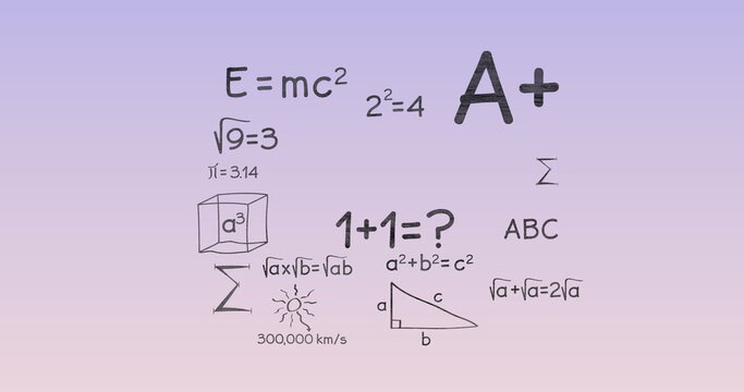 Image of mathematical equations on lilac background - Powered by Adobe