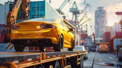 Naklejka premium The flatbed truck with a brand-new yellow automobile, Generative AI.