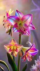 Naklejka na ściany i meble Beautiful Amaryllis flowers with translucent petals showcasing iridescent hues, creating a surreal and magical ambiance, cool spectrum amaryllis flowers. Created with generative AI 