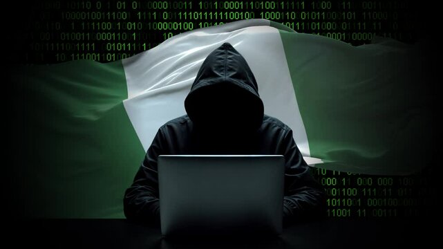 Nigeria flag - 3D realistic waving flag on matrix digital background with binary code