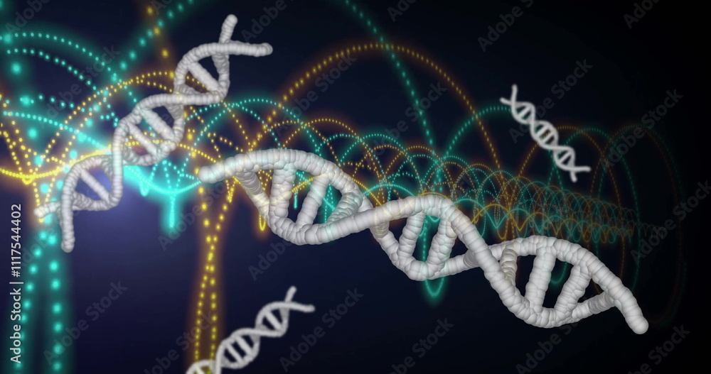 Poster image of dna strands, light trails and data processing over dark background