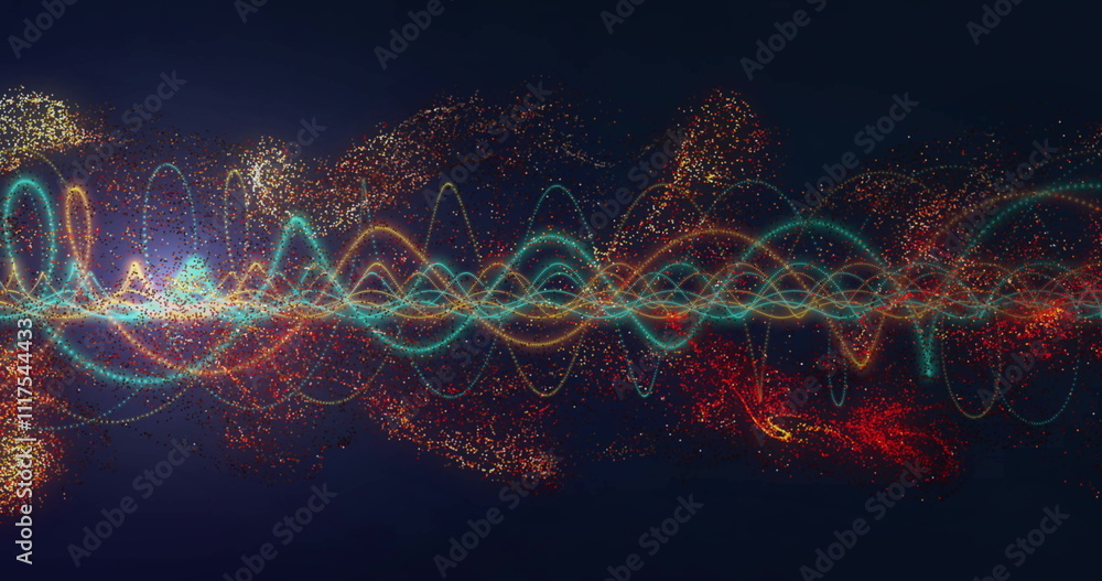 Poster image of light trails and data processing over black background