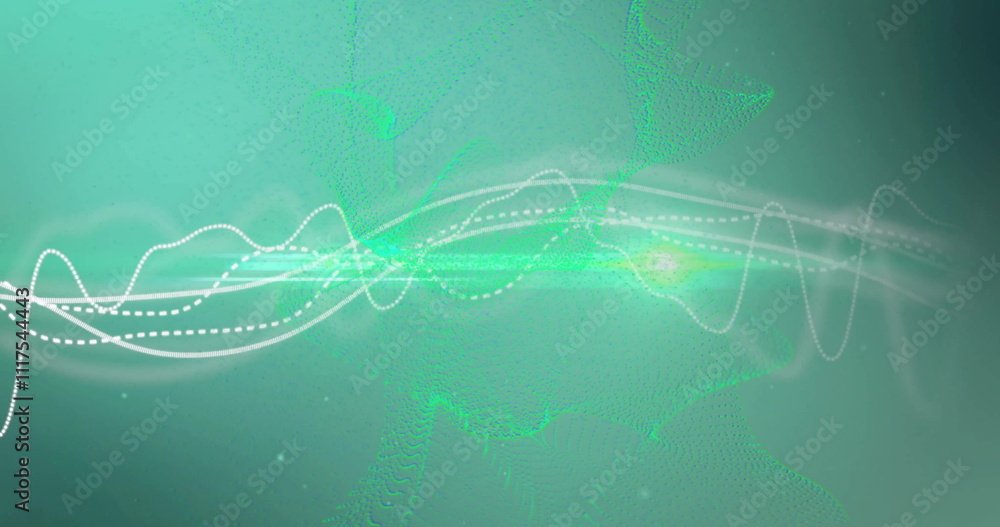 Poster image of light trails and data processing over green background
