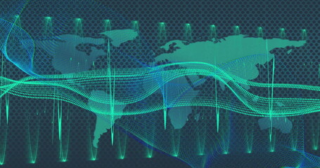 Image of light trails and data processing over world map on green background