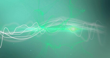 Image of light trails and data processing over green background