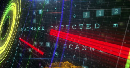 Image of virus warning and data processing over black background