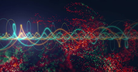 Image of light trails and data processing over dark background