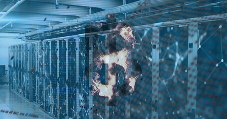 Image of cryptocurrency, binary coding and data processing over computer servers