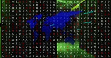 Image of world map, binary coding and data processing over computer servers