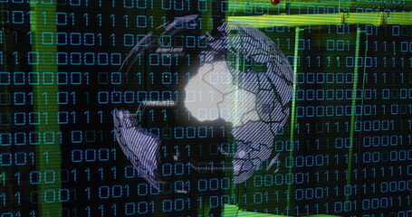 Image of globe, binary coding and data processing over computer servers