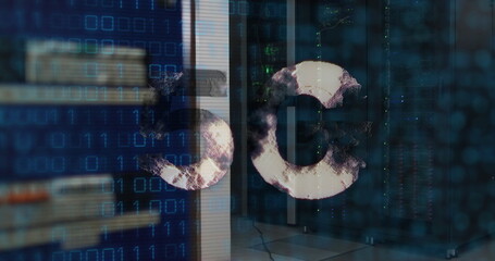 Image of 5g text, binary coding and data processing over computer servers