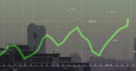 Image of graph and processing data over cityscape